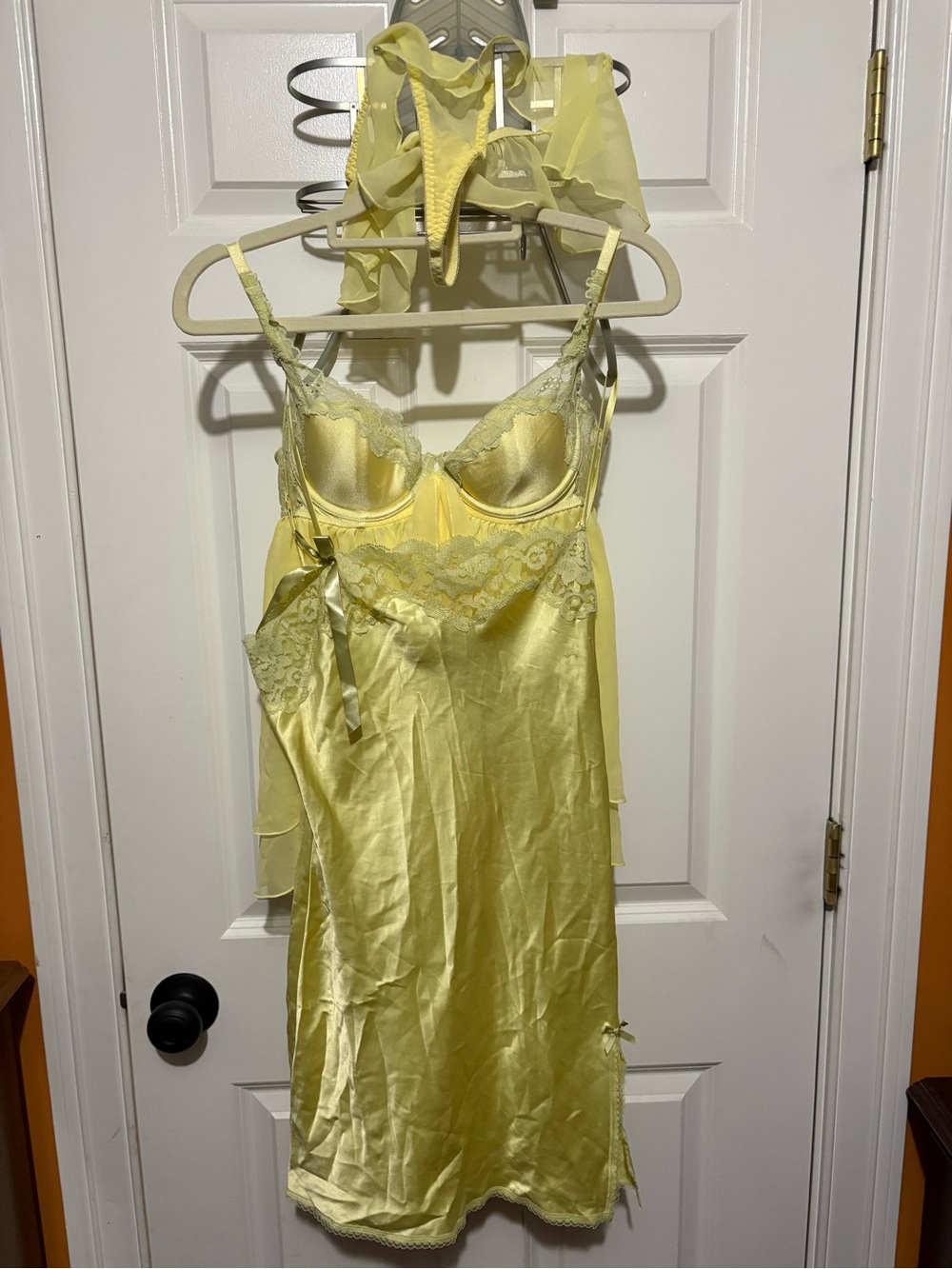 Victoria's Secret 3 Piece Yellow Satin Lace-Trim Chemise
